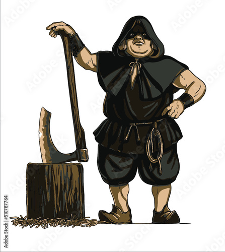 Medieval executioner with an ax. Vector illustration with headsman.	