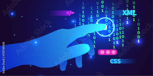 Web development, coding and programming futuristic banner. Hand touching computer code