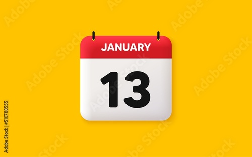 Calendar date 3d icon. 13th day of the month icon. Event schedule date. Meeting appointment time. Agenda plan, January month schedule 3d calendar and Time planner. 13th day day reminder. Vector