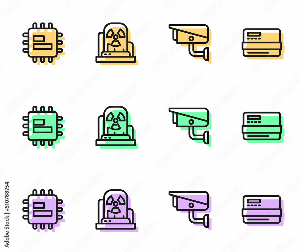 Set line Security camera, Processor CPU, Radioactive warning lamp and Credit card icon. Vector Set line Security camera, Processor CPU, Radioactive warning lamp and Credit card icon. Vector