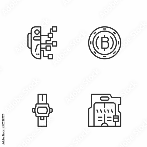 Set line Futuristic sliding doors, Wrist watch, Humanoid robot and Cryptocurrency coin Bitcoin icon. Vector
