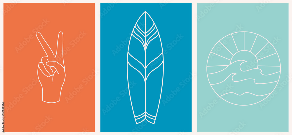Summer icons set with surfboards, palm leaves, corrals and seashells. Cute sea, ocean and brown background with sand.