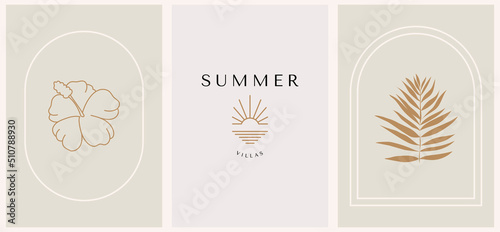 Abstract summer logo template with palm trees, flowers and sunrise. Modern minimal set of linear icons and emblems for social media, accommodation rental and travel services.