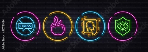 Eco food, Head and Stop stress minimal line icons. Neon laser 3d lights. Eye protection icons. For web, application, printing. Organic tested, Profile messages, Mental anxiety. Optometry. Vector