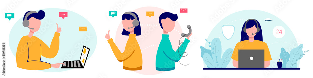 Customer service, online help, call center. Set of vector illustrations. Customer service, online help, call center. Set of vector illustrations.