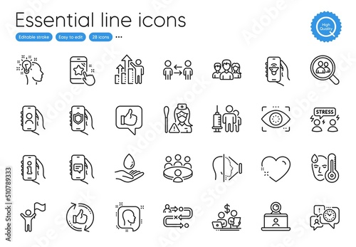 Security app, Chat app and Star rating line icons. Collection of Heart, Teamwork, Journey path icons. Water care, User call, Refresh like web elements. Leadership, Search employees. Vector