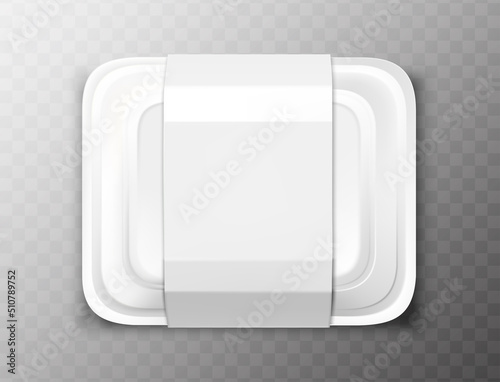 3d realistic vector icon. Food container mockup. White plastic box. Isolated. Top view.