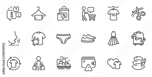 Outline set of Dirty t-shirt, Wallet and Shoes line icons for web application. Talk, information, delivery truck outline icon. Include Pillow, Dress, Clothing icons. Vector