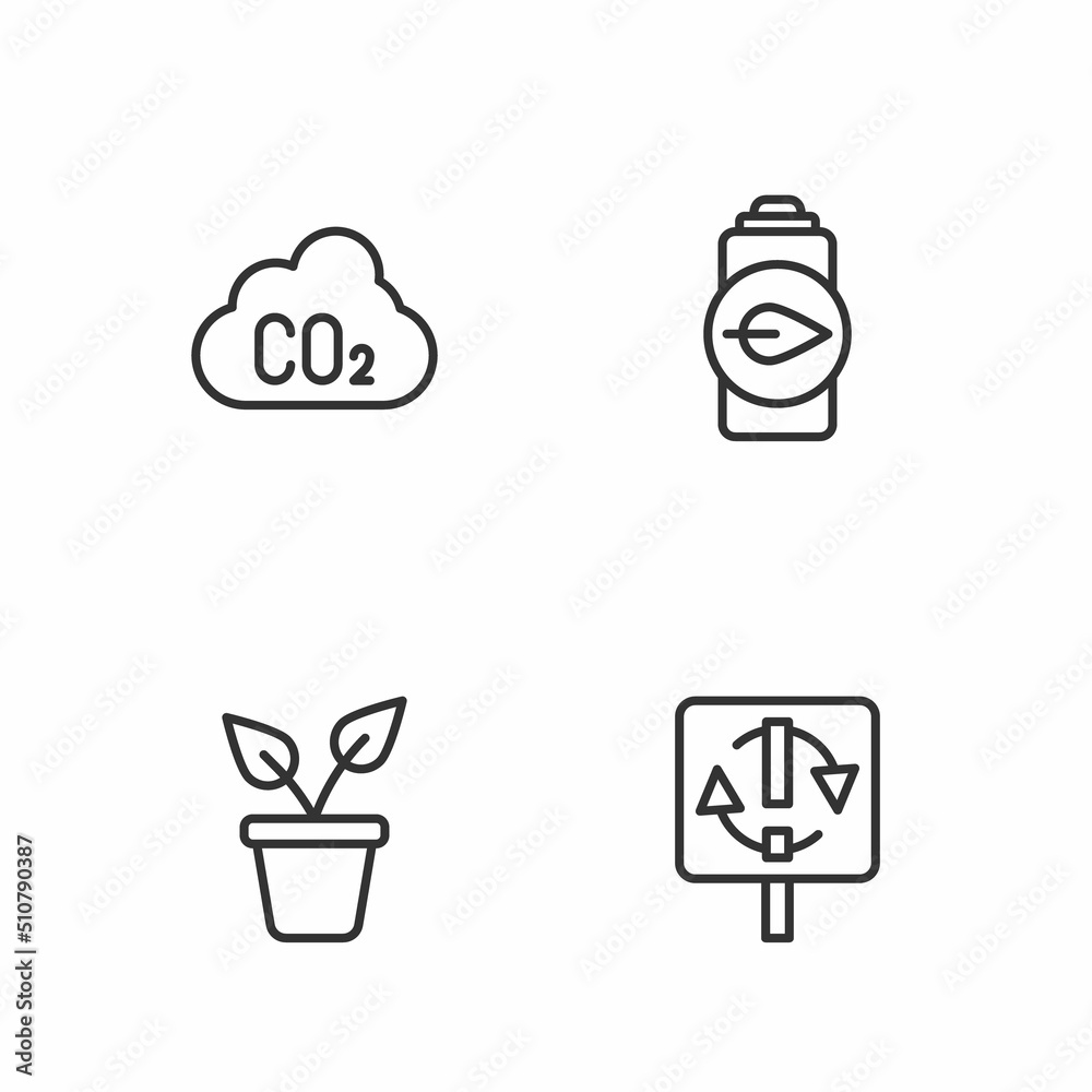 Set line Recycle symbol, Plant in pot, CO2 emissions cloud and Eco nature leaf battery icon. Vector