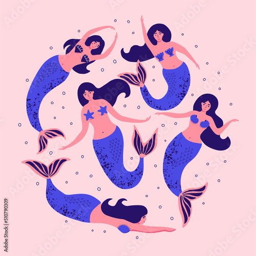 Cute mermaid with bubbles. Nautical surf summer background for textiles, t-shirts, greeting cards and more. Hand drawn vector illustration.