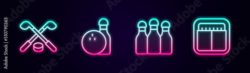 Set line Ice hockey sticks and puck, Bowling pin ball, and Sport mechanical scoreboard. Glowing neon icon. Vector