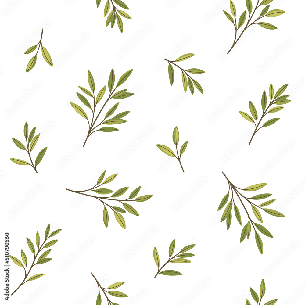 Branch with green leaves. Trendy pattern with twig. Vector contour illustration.