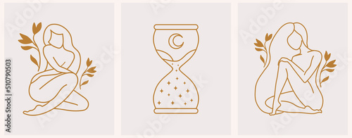 Vector abstract logo with hourglass and woman silhouette. Corporate design templates in trendy linear minimal style, beauty and cosmetics studio emblem - icon for makeup artist, fashion