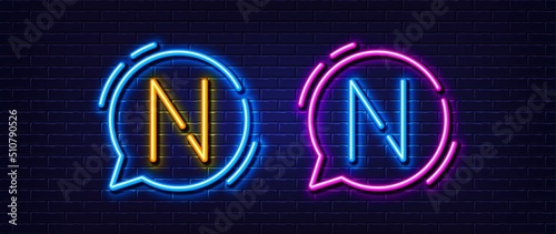 Initial letter N icon. Neon light line effect. Line typography character sign. Large first font letter. Glowing neon light speech bubble. Letter N glow 3d line. Brick wall banner. Vector