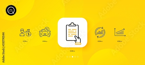 Update data, Sallary and Car leasing minimal line icons. Yellow abstract background. Clipboard, Chart icons. For web, application, printing. Sales chart, Person earnings, Transport discount. Vector photo