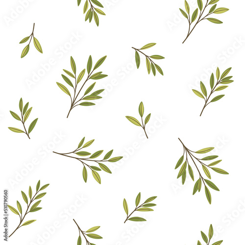 Branch with green leaves. Trendy pattern with twig. Vector contour illustration.