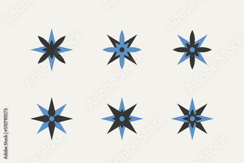 Star icons. Set of 6 geometric shape. Modern linear design print. Modern abstract linear compositions and graphic design elements.