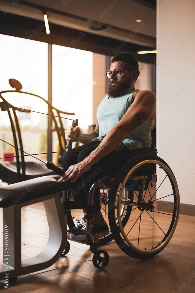 Obraz premium A middle-aged person in a wheelchair training in a gym.Working his back. Concept of overcoming sports.