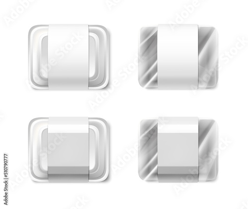 3d realistic vector icon. Food container mockup. White plastic box with transparent film and without, top view. Isolated on white background.