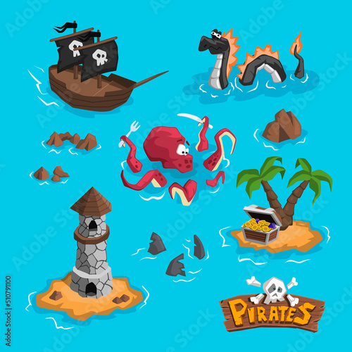Cartoon pirate map. Nursery characters of caribbean journey. Isometric art with ocean monsters. Kraken, serpent and treasure chest