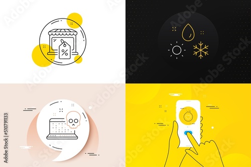 Minimal set of Love, Weather and Market sale line icons. Phone screen, Quote banners. Cyber attack icons. For web development. Heart, Climate, Store discounts. Computer hacking. Love line icon. Vector