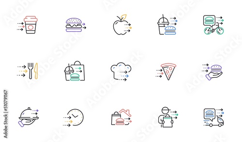 Food delivery line icons. Online order, Eat pizza, Fast grocery service. Home delivery, Burger or cheeseburger, Courier with food outline icons. Smartphone order, Coffee deliver, Apple fruit. Vector