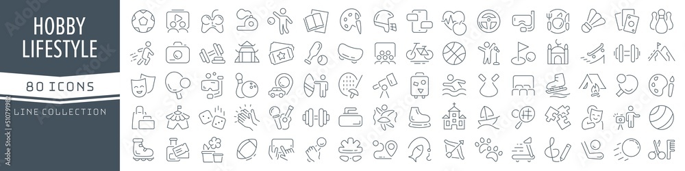 Hobby and lifestyle line icons collection. Big UI icon set in a flat design. Thin outline icons pack. Vector illustration EPS10