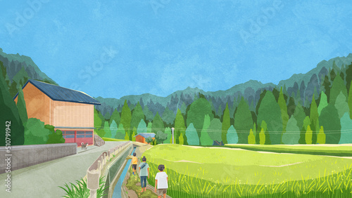 夏の水田のある風景手書き水彩風イラスト