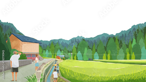 夏の水田のある風景手書き水彩風イラスト