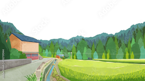 夏の水田のある風景手書き水彩風イラスト