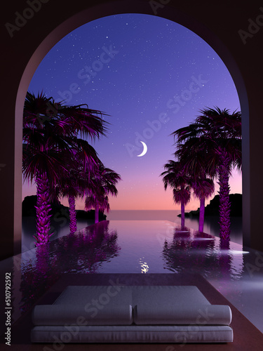 3d rendering of an oniric chill lounge swimming pool dreamscape virtual minimal environment, a starry night concept of a view to sunset calmness photo