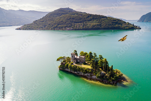 Lake Iseo, Italy, Loreto Island, aerial view with seaplane