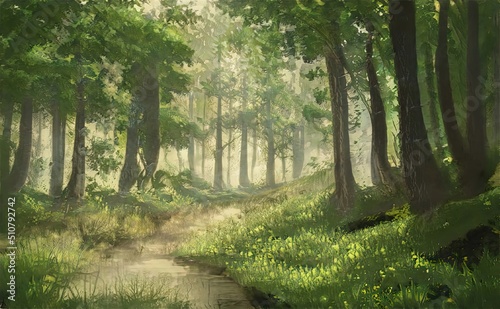 Tableau sur toile Fantasy Landschaft mit Pfad in grünem Wald mit Bäumen