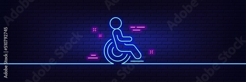 Neon light glow effect. Disability person line icon. Wheelchair user sign. Hotel service symbol. 3d line neon glow icon. Brick wall banner. Disability outline. Vector