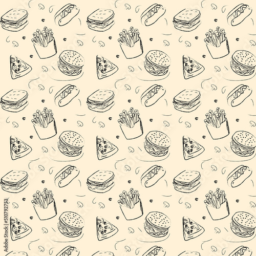 fast food pattern . hand-drawn hamburgers, French fries, hot dogs,pizzas and a plastic cup of drink.vector illustration