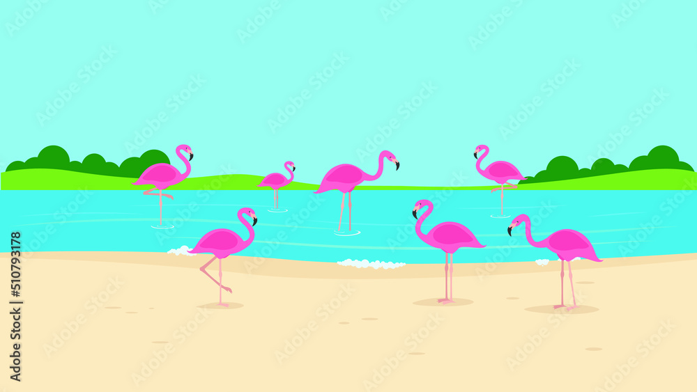 A family of pink flamingos stand by the lake
