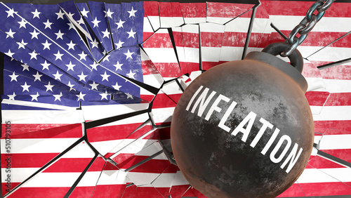 Inflation and USA America, destroying economy and ruining the nation. Inflation wrecking the country and causing  general decline in living standards.,3d illustration photo