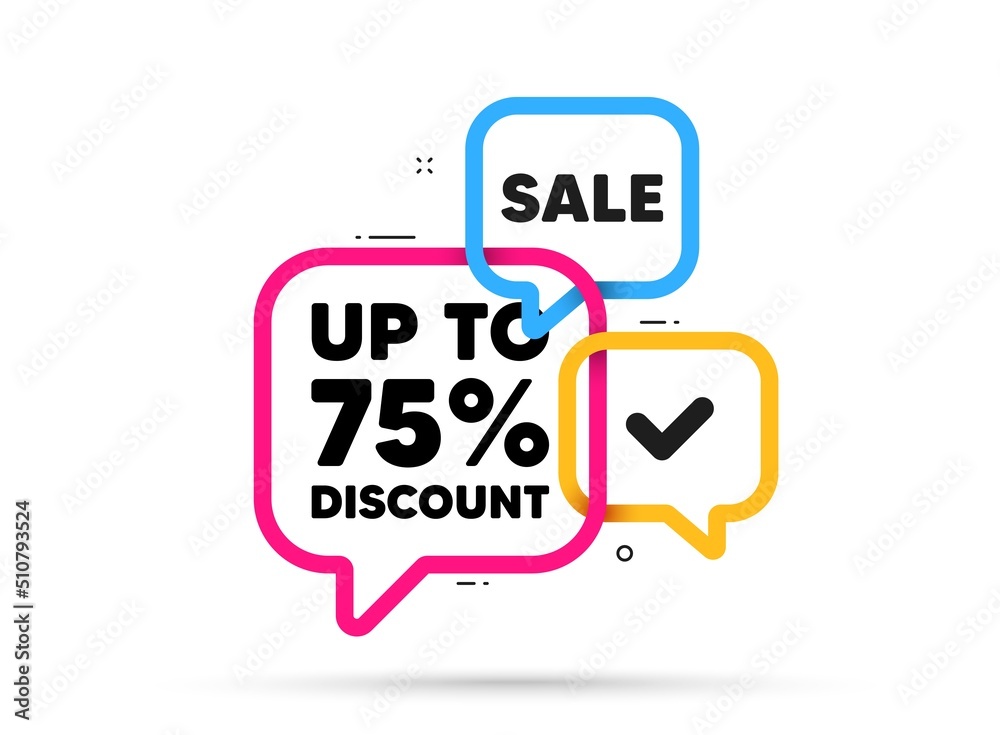 Up to 75 percent discount. Ribbon bubble chat banner. Discount offer coupon. Sale offer price sign. Special offer symbol. Save 75 percentages. Discount tag adhesive tag. Promo banner. Vector Up to 75 percent discount. Ribbon bubble chat banner. Discount offer coupon. Sale offer price sign. Special offer symbol. Save 75 percentages. Discount tag adhesive tag. Promo banner. Vector