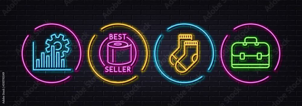 Socks, Seo graph and Toilet paper minimal line icons. Neon laser 3d lights. Portfolio icons. For web, application, printing. Underwear accessory, Analytics chart, Tissue roll. Business case. Vector