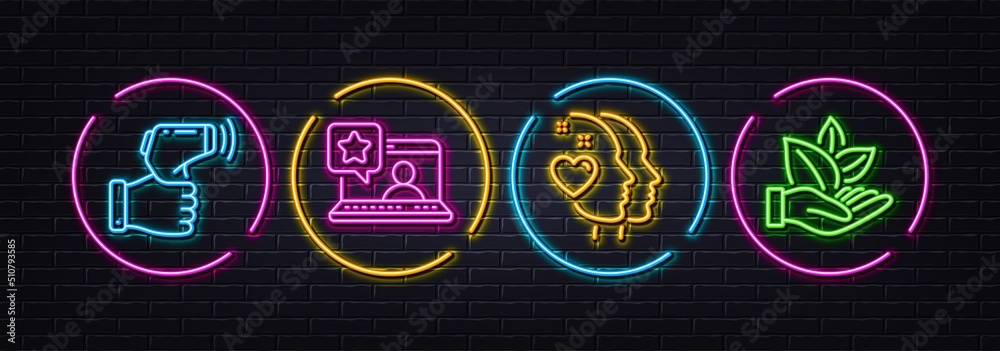 Heart, Online rating and Electronic thermometer minimal line icons. Neon laser 3d lights. Organic product icons. For web, application, printing. Love head, Favorite message, Temperature scan. Vector
