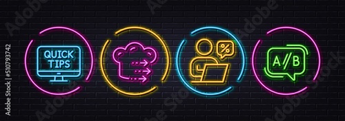 Online discounts, Food delivery and Web tutorials minimal line icons. Neon laser 3d lights. Ab testing icons. For web, application, printing. Internet sale, Chef cook, Quick tips. Test chat. Vector