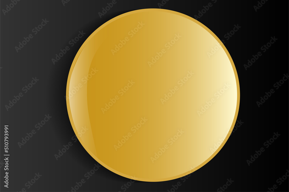 round convex glossy object. button, gold-colored magnet. on a gray background.