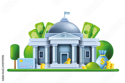3D bank building, vector finance business illustration, money payment concept, dollar bills, coin. Economy institution exterior, online budget planning account, column entrance. Bank building clipart