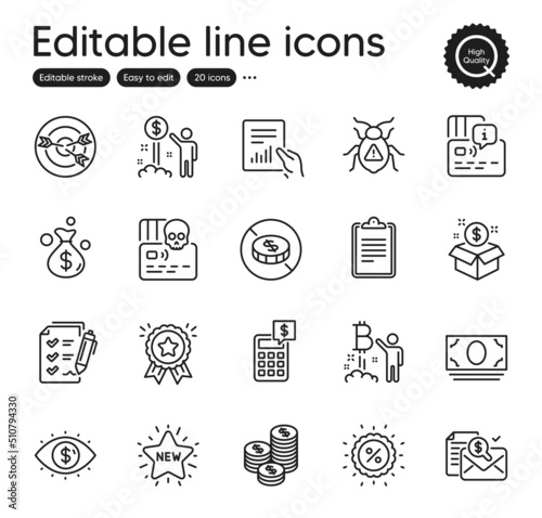 Set of Finance outline icons. Contains icons as Bitcoin project, Cyber attack and Post package elements. Targeting, Money bag, No cash web signs. Card, Loyalty award, Document elements. Vector