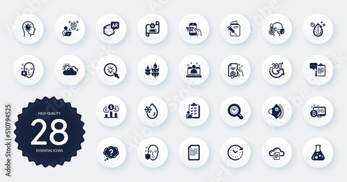 Set of Science icons, such as Cogwheel blueprint, Medical mask and Idea head flat icons. Question mark, Certificate, Checklist web elements. Sick man, Augmented reality, Chemistry lab signs. Vector