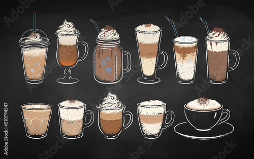 Chalk drawn coffee cups on chalkboard backgorund