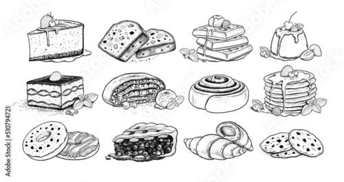 Sketch illustrations set of desserts and bakery products
