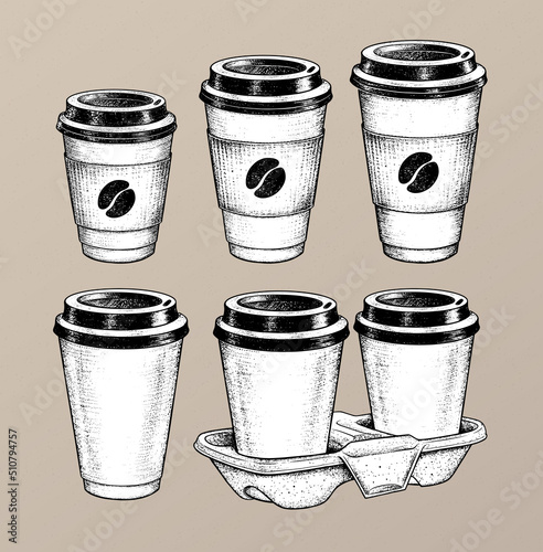 Vector sketchy set of takeaway coffee paper cups