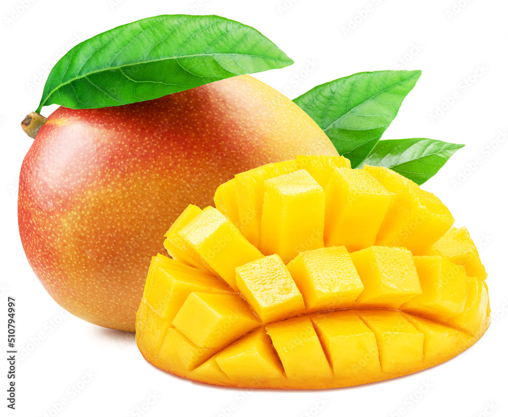 Mango fruit with green leaf and mango cut in hedgehog style isolated on white background. Mango fruit with green leaf and mango cut in hedgehog style isolated on white background.