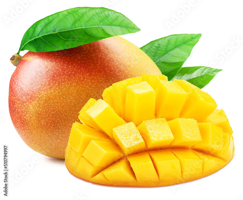 Mango fruit with green leaf and mango cut in hedgehog style isolated on white background.